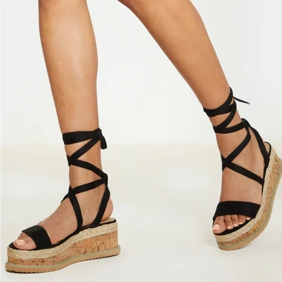 Retro Black Platform Wrap Sandals - Picture 1 of 4
